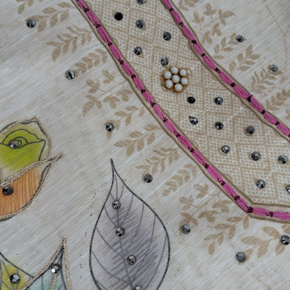 Designer off white floral printed linen unstitched salwar material,fancy buttons and sequins work on yoke & front, gold tissue border on daman( lining needed)matching cotton bottom,floral printed linen dupatta with fancy less tapping. JN261715