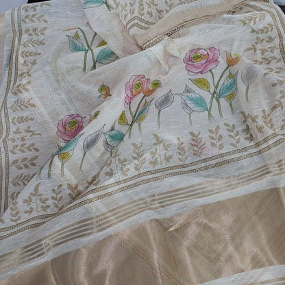 Designer off white floral printed linen unstitched salwar material,fancy buttons and sequins work on yoke & front, gold tissue border on daman( lining needed)matching cotton bottom,floral printed linen dupatta with fancy less tapping. JN261715