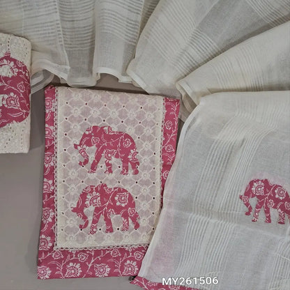 Pink shade premium printed soft cotton unstitched salwar material, schiffli &elephant applique work on yoke(lining optional)applique work cotton bottom, pure cotton dupatta with applique work. MY261506