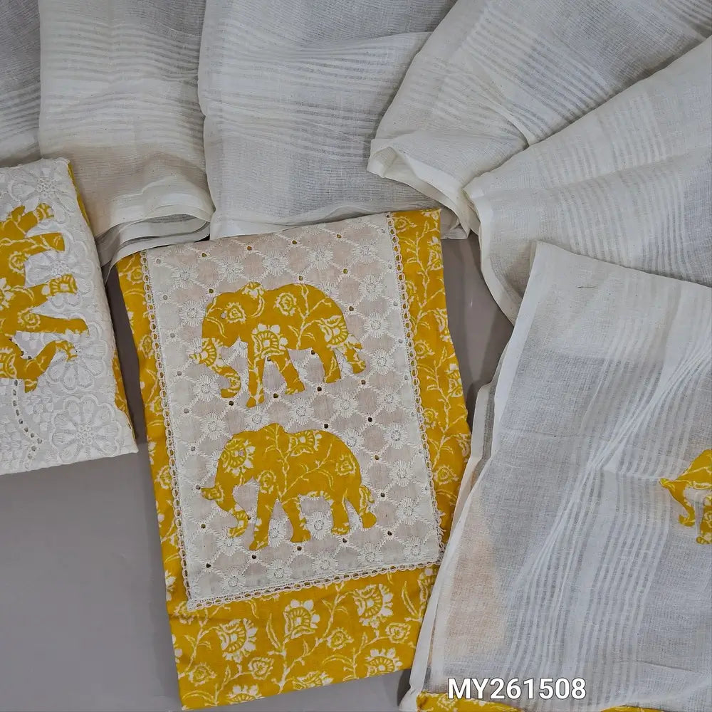 Mango yellow premium printed soft cotton unstitched salwar material, schiffli &elephant applique work on yoke(lining optional)applique work cotton bottom, pure cotton dupatta with applique work. MY261508