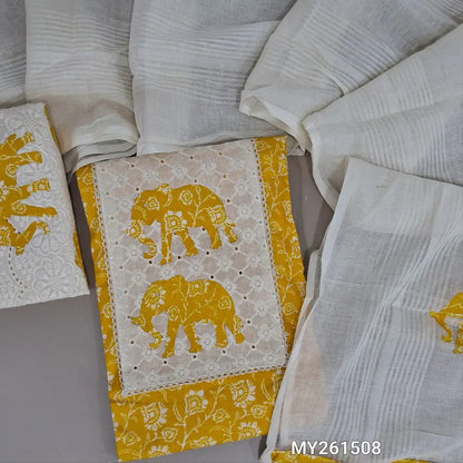 Mango yellow premium printed soft cotton unstitched salwar material, schiffli &elephant applique work on yoke(lining optional)applique work cotton bottom, pure cotton dupatta with applique work. MY261508
