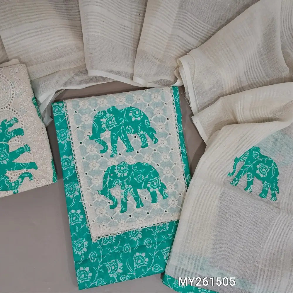 Pastel blue premium printed soft cotton unstitched salwar material, schiffli &elephant applique work on yoke(lining optional)applique work cotton bottom, pure cotton dupatta with applique work. MY261505