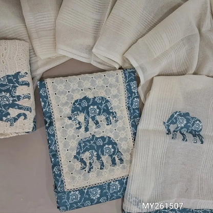 Blueish grey premium printed soft cotton unstitched salwar material, schiffli &elephant applique work on yoke(lining optional)applique work cotton bottom, pure cotton dupatta with applique work. MY261507