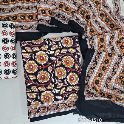 Black hand block printed soft cotton unstitched salwar material, ( thin,lining optional)printed cotton bottom,printed pure mul cotton dupatta. (TAPINGS NEEDED, INCONSISTENT PRINTS ARE NOT DEFECTS) MY261510