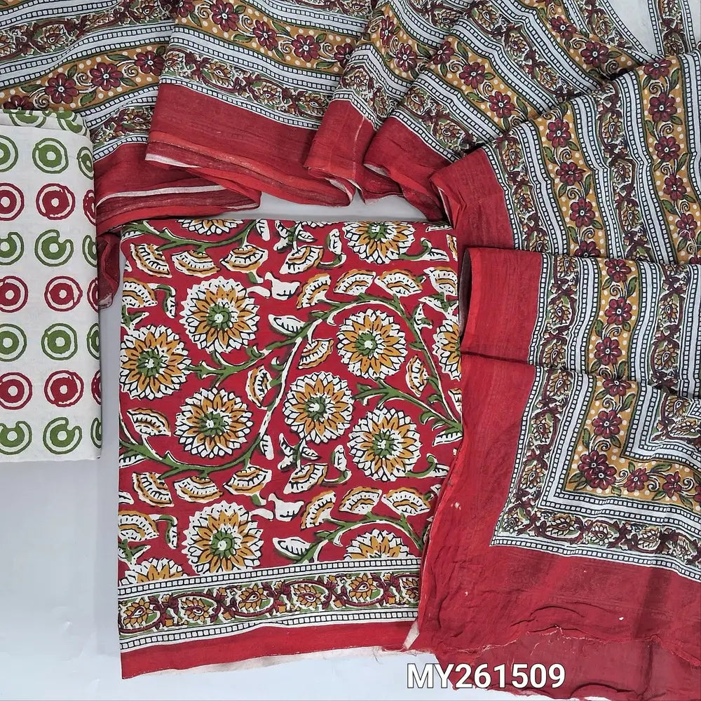 Reddish maroon hand block printed soft cotton unstitched salwar material, ( thin,lining optional)printed cotton bottom,printed pure mul cotton dupatta. (TAPINGS NEEDED, INCONSISTENT PRINTS ARE NOT DEFECTS) MY261509