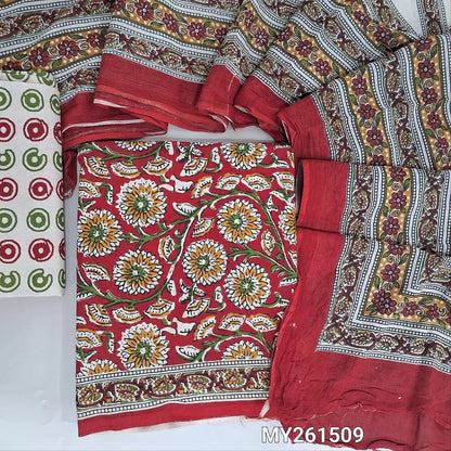 Reddish maroon hand block printed soft cotton unstitched salwar material, ( thin,lining optional)printed cotton bottom,printed pure mul cotton dupatta. (TAPINGS NEEDED, INCONSISTENT PRINTS ARE NOT DEFECTS) MY261509