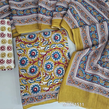 Mehandhi green hand block printed soft cotton unstitched salwar material, ( thin,lining optional)printed cotton bottom,printed pure mul cotton dupatta. (TAPINGS NEEDED, INCONSISTENT PRINTS ARE NOT DEFECTS) MY261511