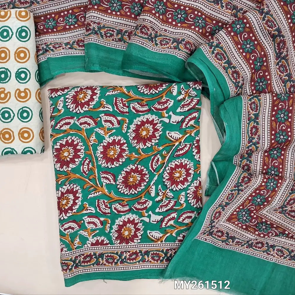 Turquoise blue hand block printed soft cotton unstitched salwar material, ( thin,lining optional)printed cotton bottom,printed pure mul cotton dupatta. (TAPINGS NEEDED, INCONSISTENT PRINTS ARE NOT DEFECTS) MY261512