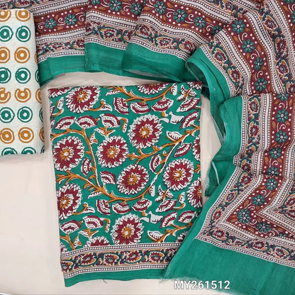 Turquoise blue hand block printed soft cotton unstitched salwar material, ( thin,lining optional)printed cotton bottom,printed pure mul cotton dupatta. (TAPINGS NEEDED, INCONSISTENT PRINTS ARE NOT DEFECTS) MY261512