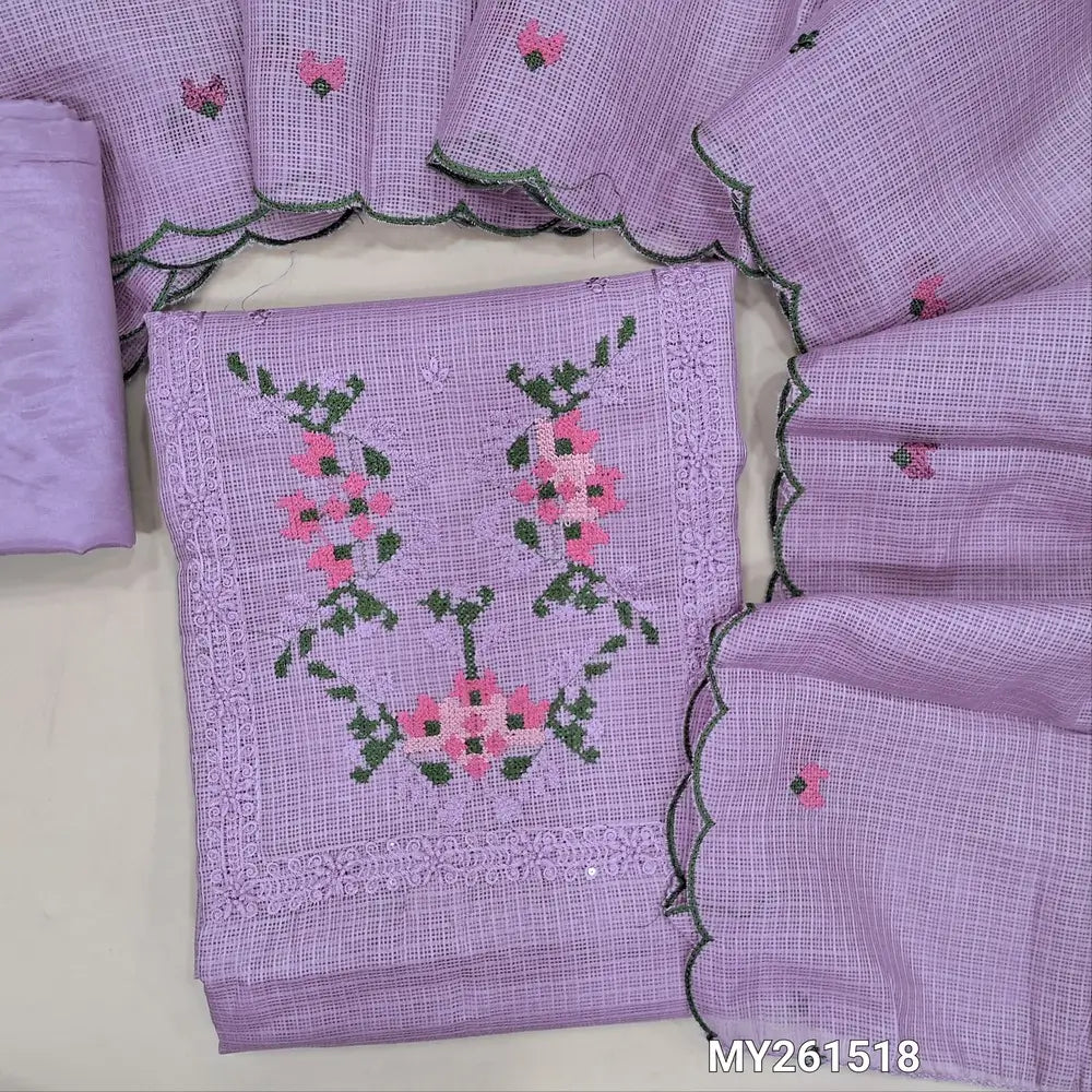 Lavender shade kota silk cotton unstitched salwar material (lining needed) cross stitch embroidery, sequins work on yoke,self checked ,silky fabric for both bottom and lining, embroidery work on kota silk cotton dupatta with scallop borders. MY261518