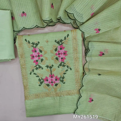 Pastel green kota silk cotton unstitched salwar material (lining needed) cross stitch embroidery, sequins work on yoke,self checked ,silky fabric for both bottom and lining, embroidery work on kota silk cotton dupatta with scallop borders. MY261519