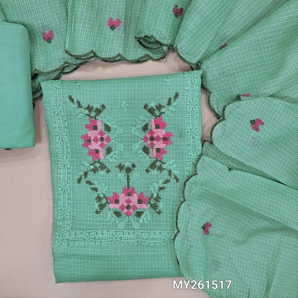 Pastel blue kota silk cotton unstitched salwar material (lining needed) cross stitch embroidery, sequins work on yoke,self checked ,silky fabric for both bottom and lining, embroidery work on kota silk cotton dupatta with scallop borders. MY261517