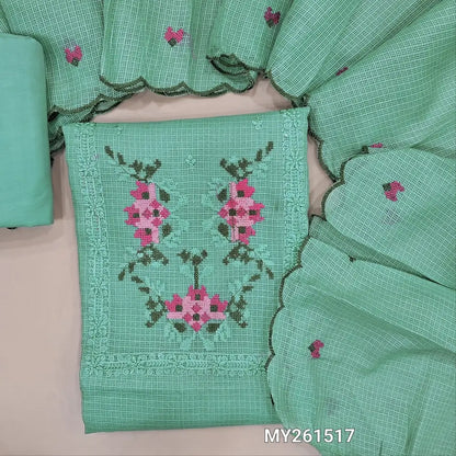Pastel blue kota silk cotton unstitched salwar material (lining needed) cross stitch embroidery, sequins work on yoke,self checked ,silky fabric for both bottom and lining, embroidery work on kota silk cotton dupatta with scallop borders. MY261517