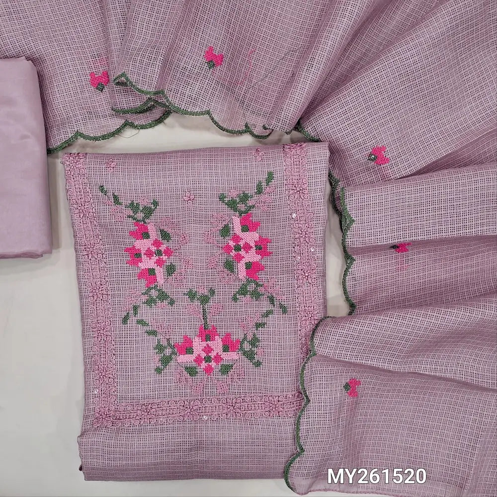 Onion pink kota silk cotton unstitched salwar material (lining needed) cross stitch embroidery, sequins work on yoke,self checked ,matching silky fabric for both bottom and lining, embroidery work on kota silk cotton dupatta with scallop borders. MY261520