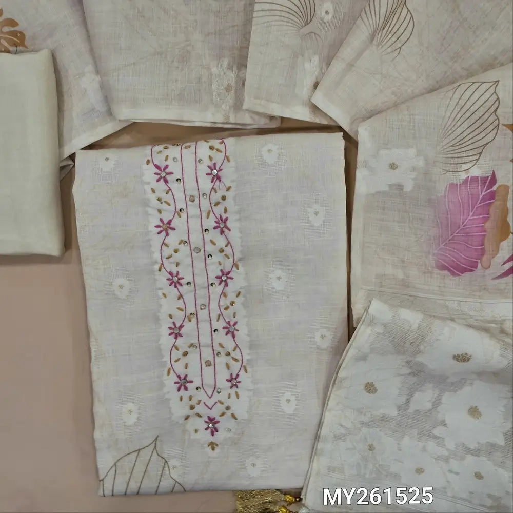 Off white base digital printed jamdani woven pure linen unstitched salwar material, hand embroidery work on yoke,thread buttas all over,(lining needed)matching santoon bottom, digital printed jamdani woven pure linen dupatta with pallu.MY261525