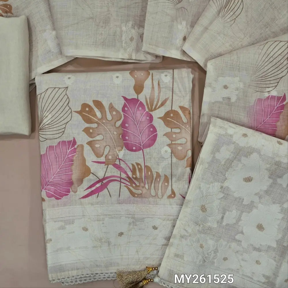 Off white base digital printed jamdani woven pure linen unstitched salwar material, hand embroidery work on yoke,thread buttas all over,(lining needed)matching santoon bottom, digital printed jamdani woven pure linen dupatta with pallu.MY261525