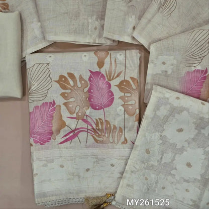 Off white base digital printed jamdani woven pure linen unstitched salwar material, hand embroidery work on yoke,thread buttas all over,(lining needed)matching santoon bottom, digital printed jamdani woven pure linen dupatta with pallu.MY261525