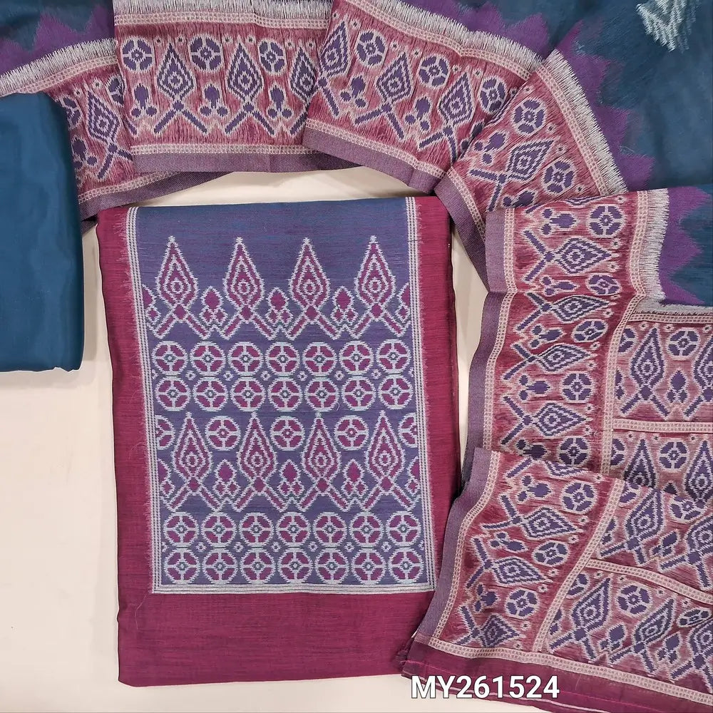 Beetroot purple soft silk cotton unstitched salwar material (lining needed) thread weaving all over, blue silky bottom, thread woven and soft silk cotton dupatta with pallu.MY261524