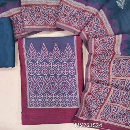 Beetroot purple soft silk cotton unstitched salwar material (lining needed) thread weaving all over, blue silky bottom, thread woven and soft silk cotton dupatta with pallu.MY261524