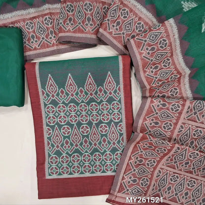 Maroon soft silk cotton unstitched salwar material (lining needed) thread weaving all over, green silky bottom, thread woven and soft silk cotton dupatta with pallu.MY261521