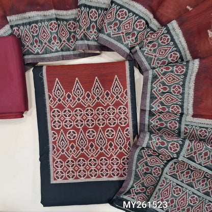 Black soft silk cotton unstitched salwar material (lining needed) thread weaving all over, maroon silky bottom, thread woven and soft silk cotton dupatta with pallu.MY261523