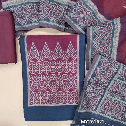 Dark blue soft silk cotton unstitched salwar material (lining needed) thread weaving all over, beetroot purple silky bottom, thread woven and soft silk cotton dupatta with pallu.MY261522