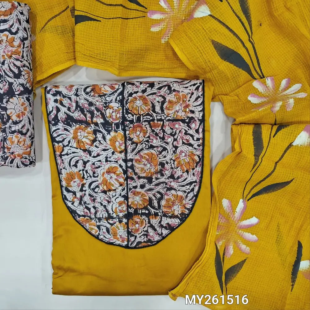 Mehandhi yellow pure dabu cotton unstitched salwar material,hand block printed kalamkari yoke patch&zardozi,pearl bead(lining optional) kalamkari block printed cotton bottom, hand brush paint work on pure kota cotton dupatta. MY261516