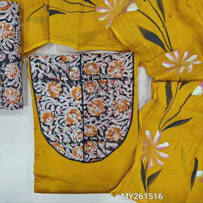 Mehandhi yellow pure dabu cotton unstitched salwar material,hand block printed kalamkari yoke patch&zardozi,pearl bead(lining optional) kalamkari block printed cotton bottom, hand brush paint work on pure kota cotton dupatta. MY261516