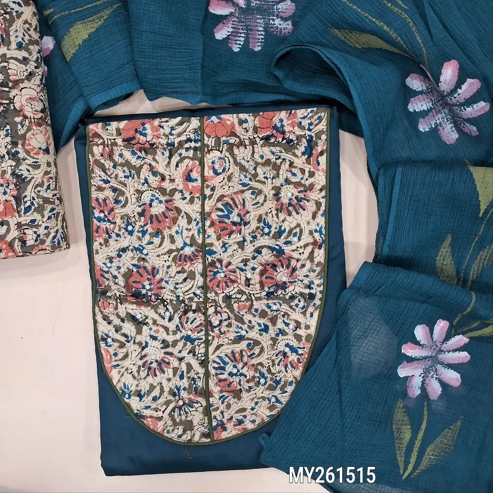Dark teal blue pure dabu cotton unstitched salwar material,hand block printed kalamkari yoke patch&zardozi,pearl bead(lining optional) kalamkari block printed cotton bottom, hand brush paint work on pure kota cotton dupatta. MY261515