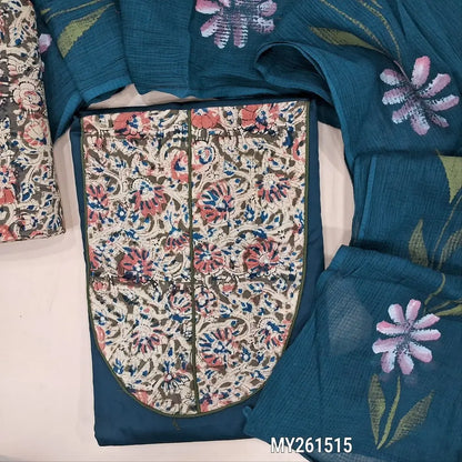 Dark teal blue pure dabu cotton unstitched salwar material,hand block printed kalamkari yoke patch&zardozi,pearl bead(lining optional) kalamkari block printed cotton bottom, hand brush paint work on pure kota cotton dupatta. MY261515