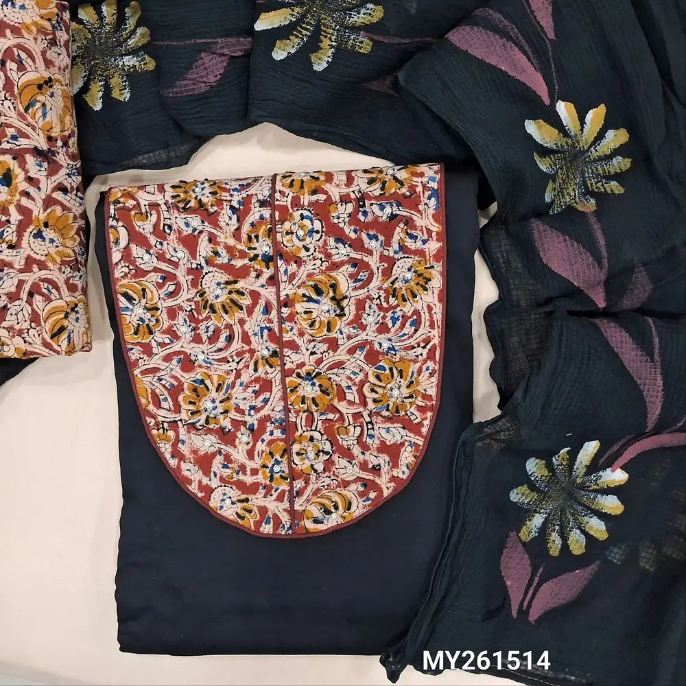 Black pure dabu cotton unstitched salwar material,hand block printed kalamkari yoke patch&zardozi,pearl bead(lining optional) kalamkari block printed cotton bottom, hand brush paint work on pure kota cotton dupatta. MY261514