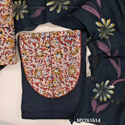 Black pure dabu cotton unstitched salwar material,hand block printed kalamkari yoke patch&zardozi,pearl bead(lining optional) kalamkari block printed cotton bottom, hand brush paint work on pure kota cotton dupatta. MY261514