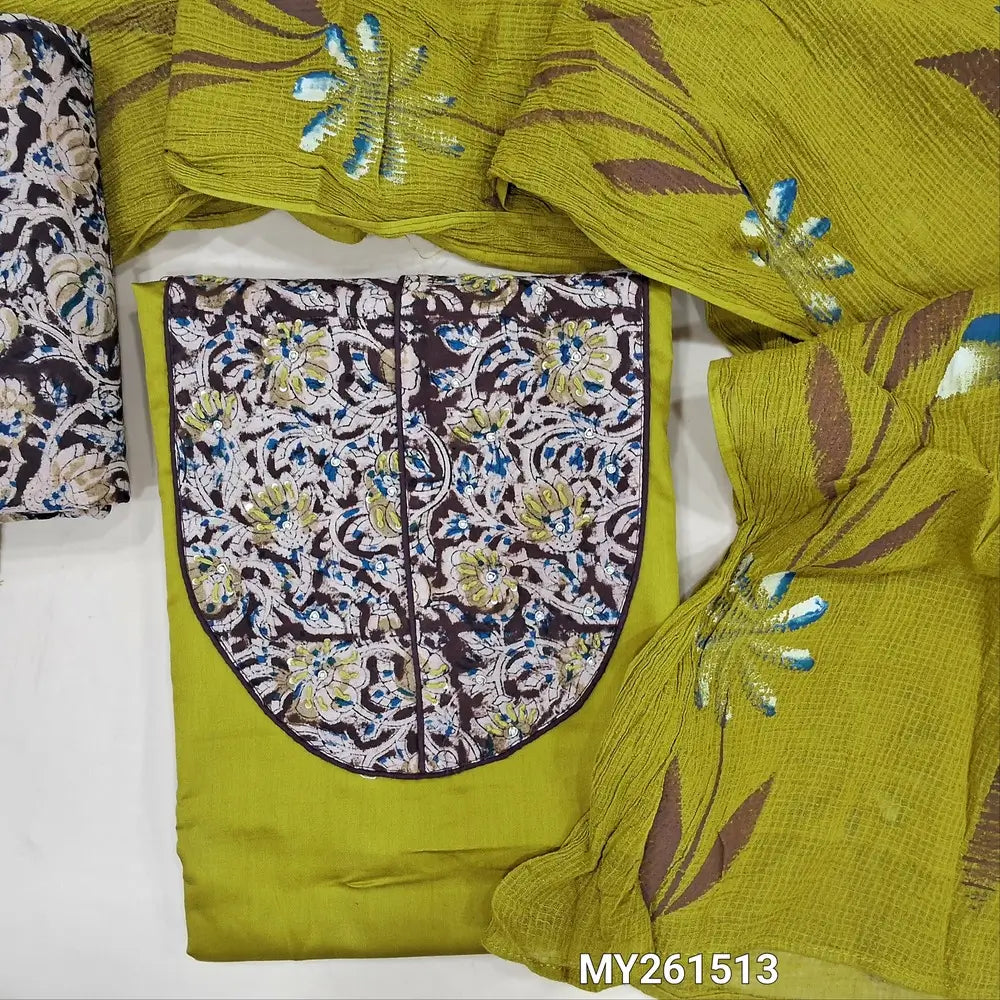 Leafy green pure dabu cotton unstitched salwar material,hand block printed kalamkari yoke patch&zardozi,pearl bead(lining optional) kalamkari block printed cotton bottom, hand brush paint work on pure kota cotton dupatta. MY261513