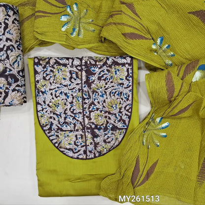 Leafy green pure dabu cotton unstitched salwar material,hand block printed kalamkari yoke patch&zardozi,pearl bead(lining optional) kalamkari block printed cotton bottom, hand brush paint work on pure kota cotton dupatta. MY261513