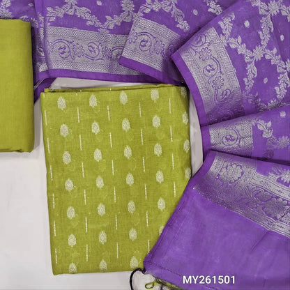 Tender leafy green Premium Benarasi woven soft silk cotton unstitched salwar material (lining needed) anti gold zari weaving all over, matching cotton bottom, benarasi woven soft silk cotton dual shade dupatta with pallu. MY261501