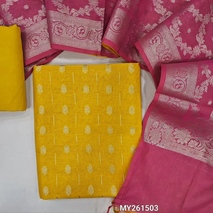 Mehandhi yellow PremiumBenarasi woven soft silk cotton unstitched salwar material (lining needed) anti gold zari weaving all over, matching cotton bottom, benarasi woven soft silk cotton dual shade dupatta with pallu. MY261503