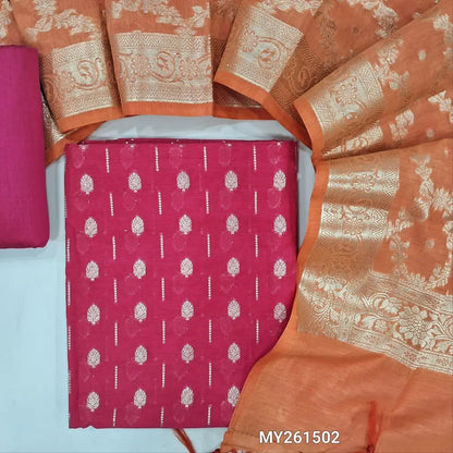 Bright pink Premium Benarasi woven soft silk cotton unstitched salwar material (lining needed) anti gold zari weaving all over, matching cotton bottom, benarasi woven soft silk cotton dual shade dupatta with pallu. MY261502