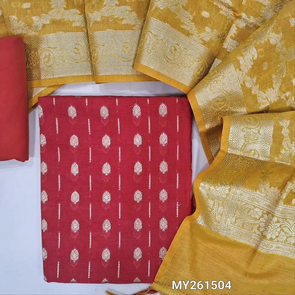 Red Premium Benarasi woven soft silk cotton unstitched salwar material (lining needed) anti gold zari weaving all over, matching cotton bottom, benarasi woven soft silk cotton dual shade dupatta with pallu. MY261504