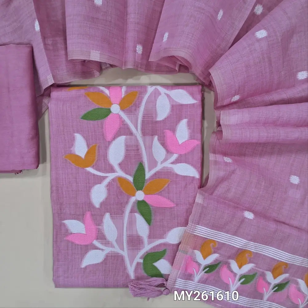 purplish pink jamdani woven soft silk cotton unstitched salwar material (lining needed) thread weaving work on yoke,floral buttas all over,matching silk cotton bottom, jamdani woven silk cotton full length dupatta with borders. MY261610