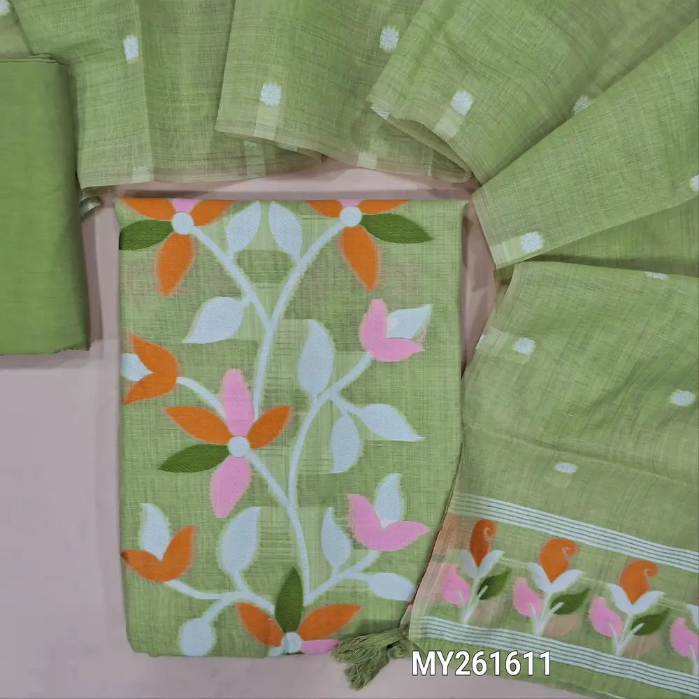 Pastel green jamdani woven soft silk cotton unstitched salwar material (lining needed) thread weaving work on yoke,floral buttas all over,matching silk cotton bottom, jamdani woven silk cotton full length dupatta with borders. MY261611