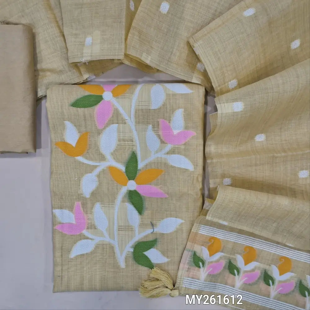 Rich beige jamdani woven soft silk cotton unstitched salwar material (lining needed) thread weaving work on yoke,floral buttas all over,matching silk cotton bottom, jamdani woven silk cotton full length dupatta with borders. MY261612