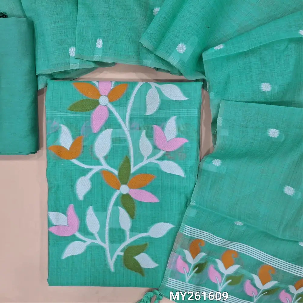 Pastel blue jamdani woven soft silk cotton unstitched salwar material (lining needed) thread weaving work on yoke,floral buttas all over,matching silk cotton bottom, jamdani woven silk cotton full length dupatta with borders. MY261609