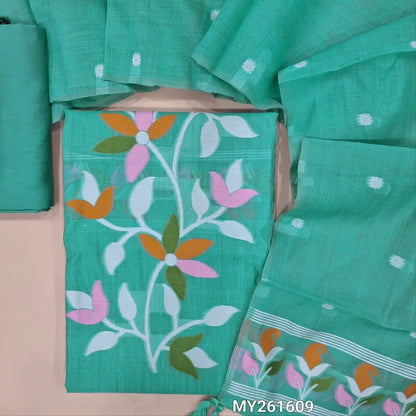 Pastel blue jamdani woven soft silk cotton unstitched salwar material (lining needed) thread weaving work on yoke,floral buttas all over,matching silk cotton bottom, jamdani woven silk cotton full length dupatta with borders. MY261609