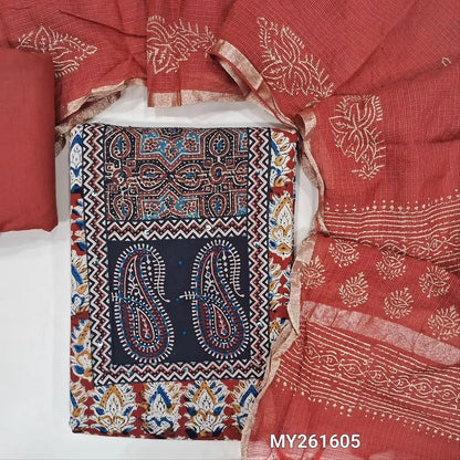 Reddish maroon kalamkari hand block printed pure cotton unstitched salwar material,ajrak patch with hand embroidery ( Lining optional )matching cotton bottom,hand block printed kota silk cotton dupatta with gold tissue borders. MY261605