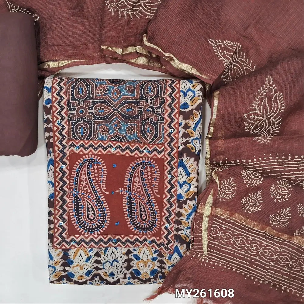 Dark maroon kalamkari hand block printed pure cotton unstitched salwar material,ajrak patch with hand embroidery ( Lining optional )matching cotton bottom,hand block printed kota silk cotton dupatta with gold tissue borders.  MY261608