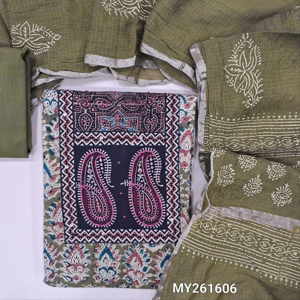 Olive green kalamkari hand block printed pure cotton unstitched salwar material,ajrak patch with hand embroidery ( Lining optional )matching cotton bottom,hand block printed kota silk cotton dupatta with gold tissue borders. MY261606