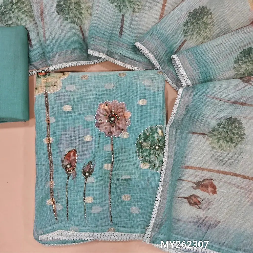 Pastel blue benarasi chanderi kota unstitched salwar material,floral printed, cut bead, sugar bead & sequins work on daman, zari buttas all over( lining needed)matching cotton bottom, floral printed kota dupatta with lace tapping. MY262307