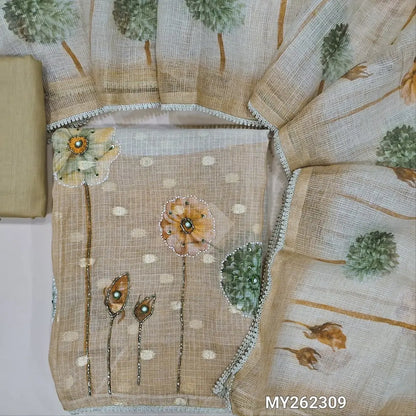 Light and dark beige benarasi chanderi kota unstitched salwar material,floral printed, cut bead, sugar bead & sequins work on daman, zari buttas all over( lining needed)matching cotton bottom, floral printed kota dupatta with lace tapping. MY262309