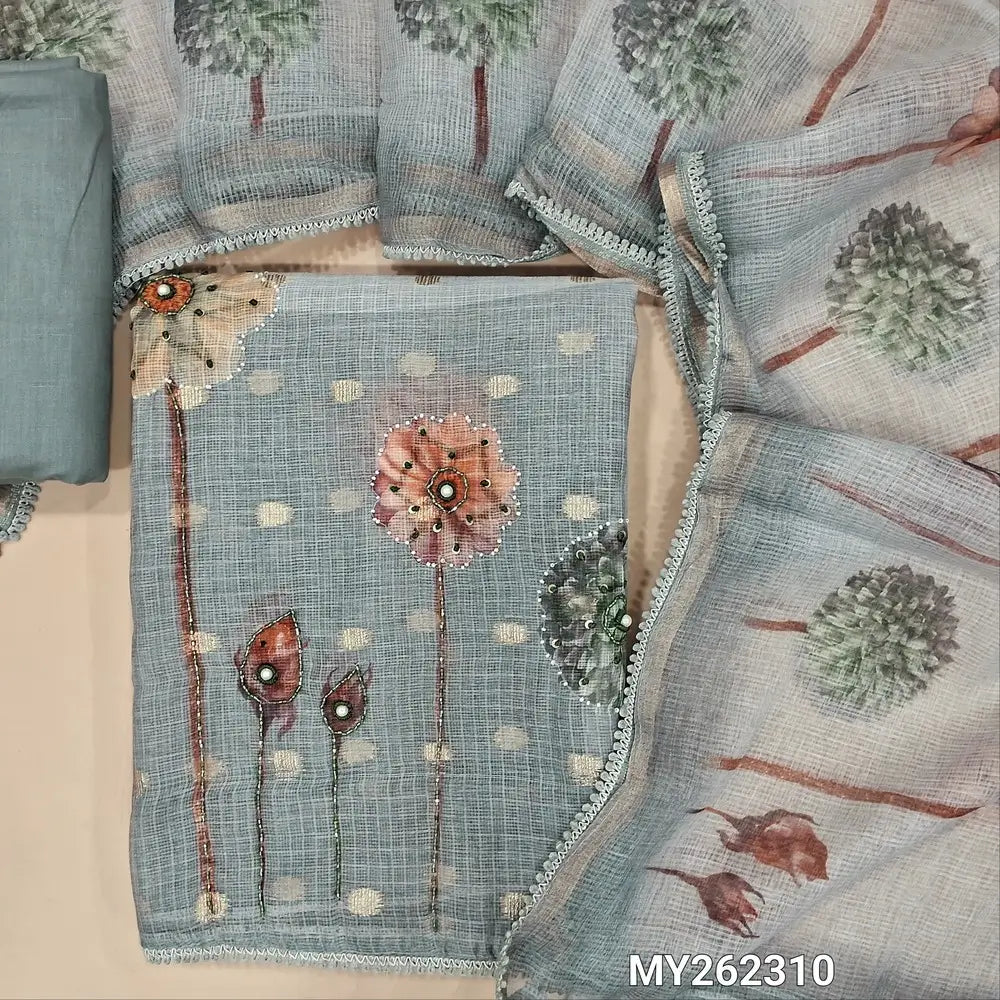 Light and dark shade grey benarasi chanderi kota unstitched salwar material,floral printed, cut bead, sugar bead & sequins work on daman, zari buttas all over( lining needed)matching cotton bottom, floral printed kota dupatta with lace tapping. MY262310