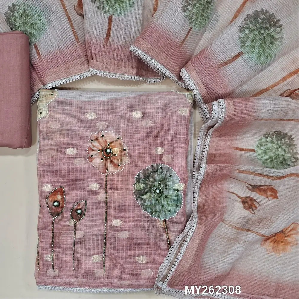 Pale pink benarasi chanderi kota unstitched salwar material,floral printed, cut bead, sugar bead & sequins work on daman, zari buttas all over( lining needed)matching cotton bottom, floral printed kota dupatta with lace tapping. MY262308